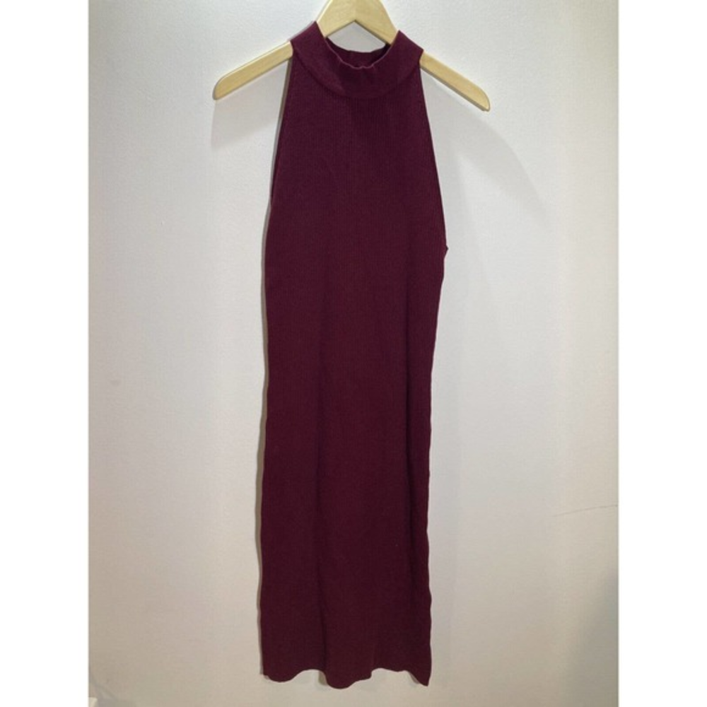 LOVESTITCH Janissa Mock Neck Midi Dress Form Fitting Stretchy Rib Knit Maroon XL